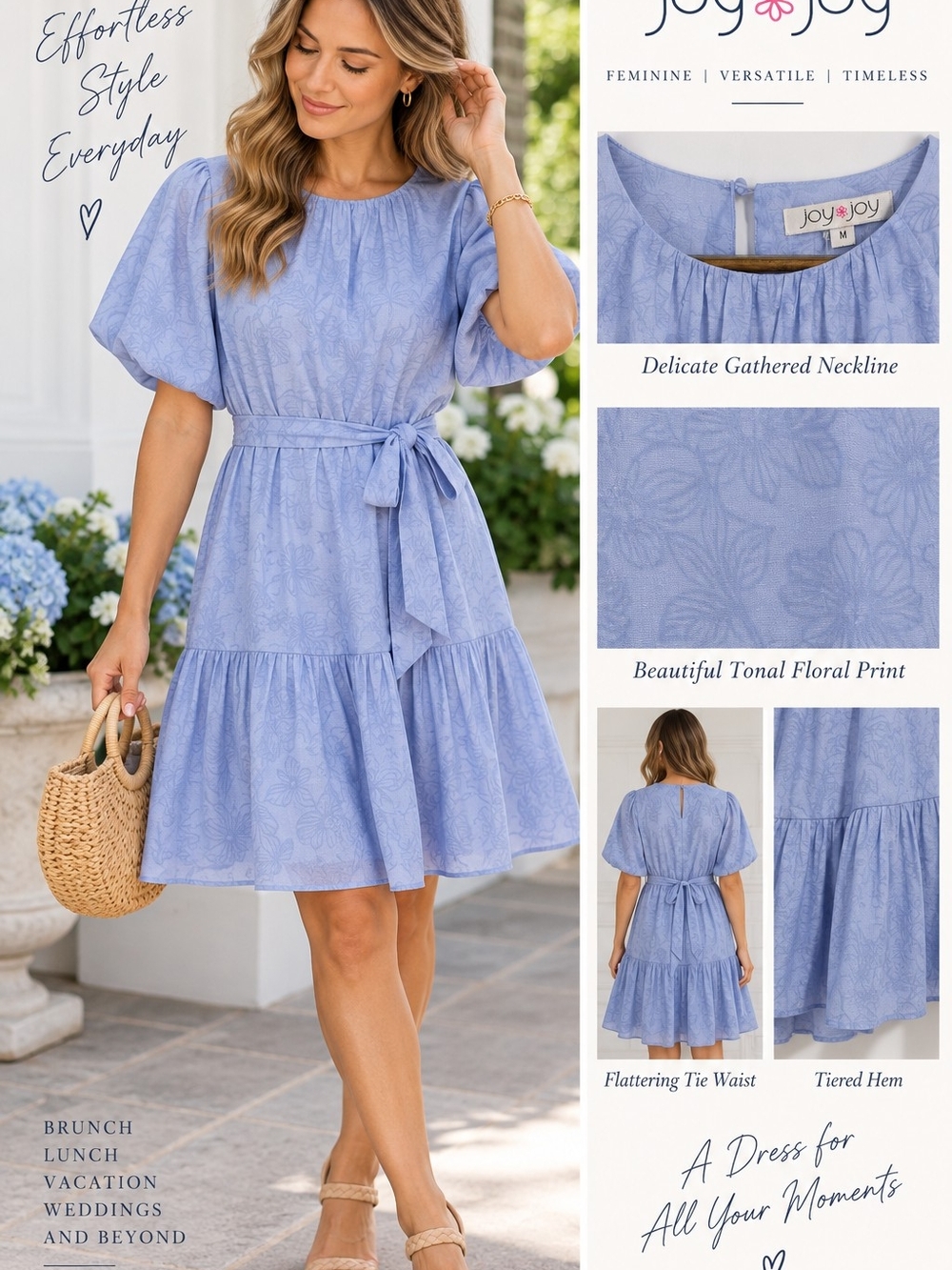 Joy Joy Light Blue Tonal Floral Tie-Waist Midi Dress